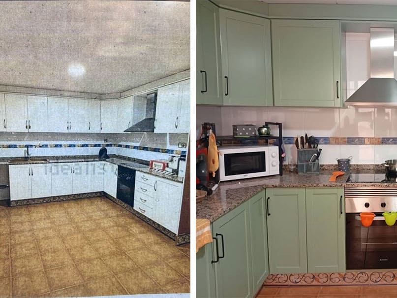 Trabajo de lacado, antes y después de lacar una cocina